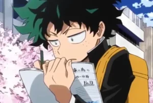 Izuku analizando y anotando datos sobre héroes